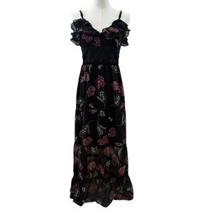 Women's Small Whimsical Black Goth Purple Fairy Slip Ruffle Maxi Overlay Dress